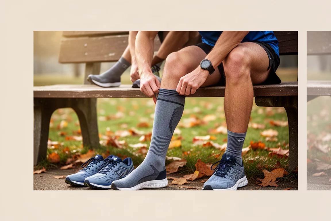 Primo piano di calze da running leggere posate su una panchina di legno accanto a scarpe da corsa