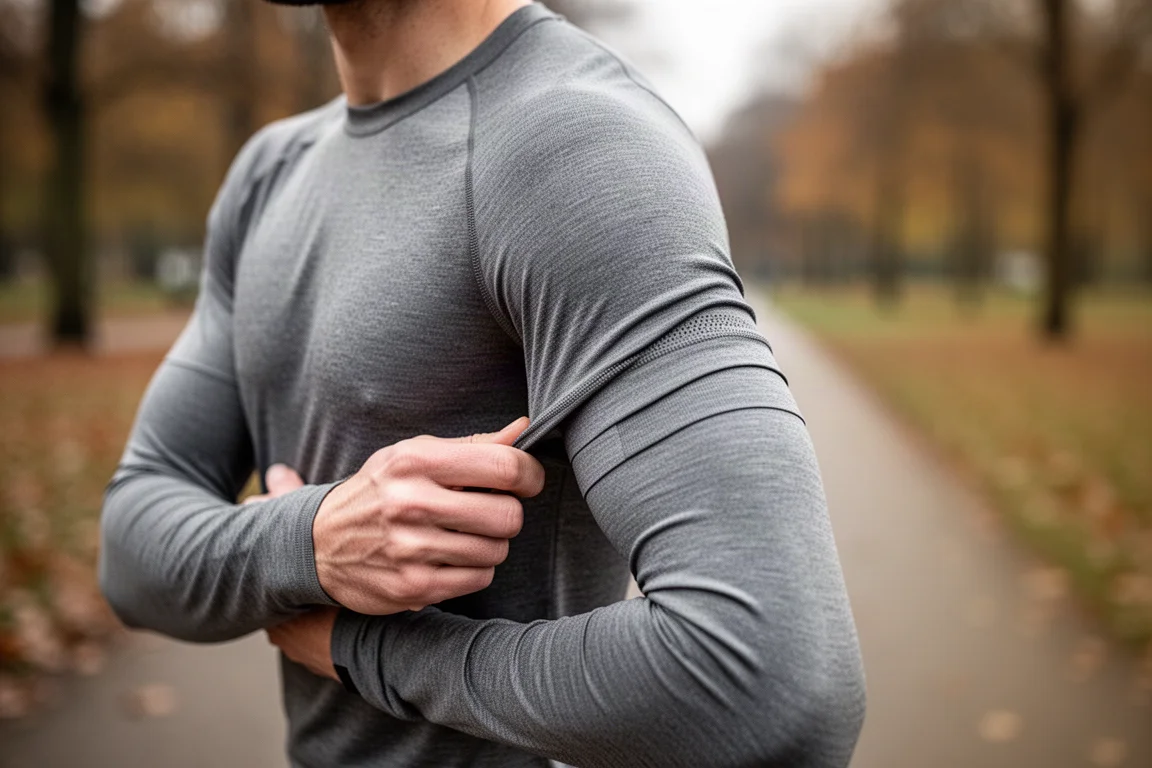 Primo piano di un polsino di una maglia da running con una piccola finestra trasparente per vedere l'orologio sportivo