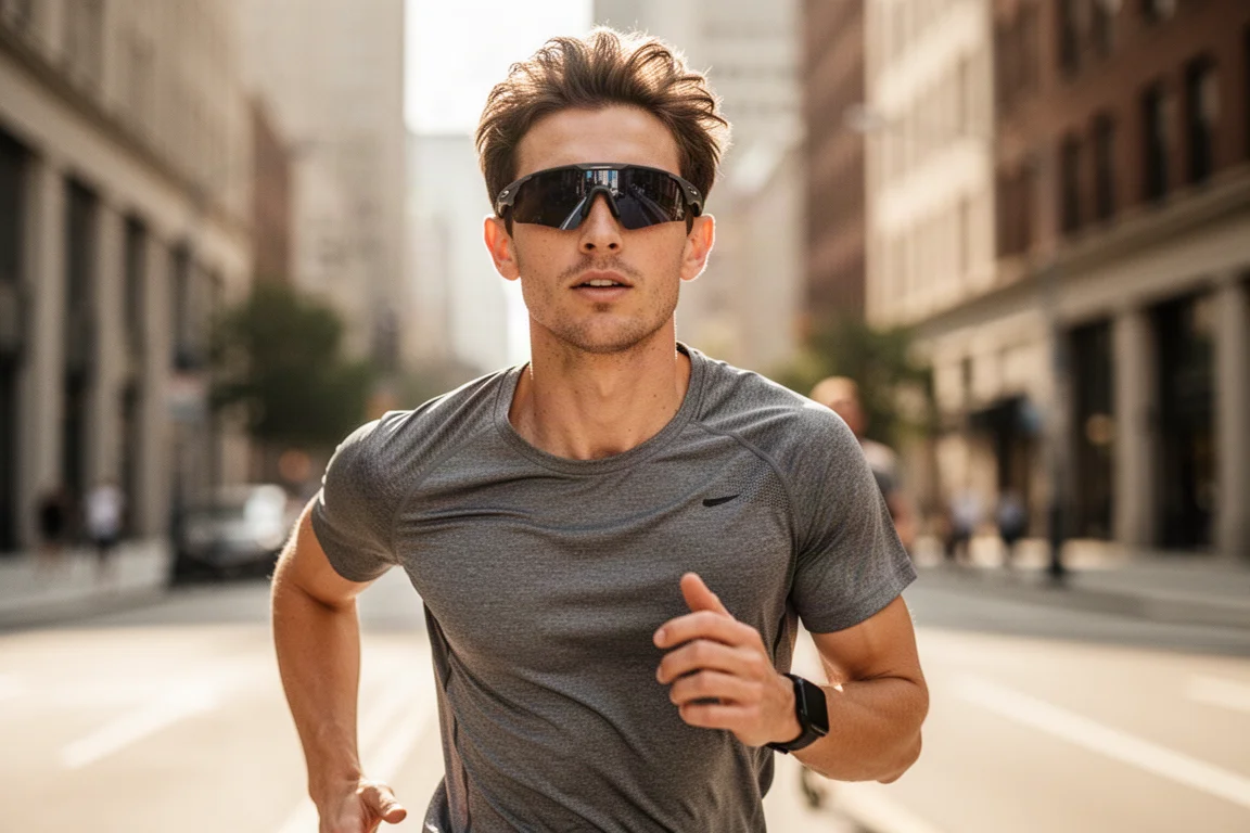Runner wearing lightweight sport sunglasses on a sunny road