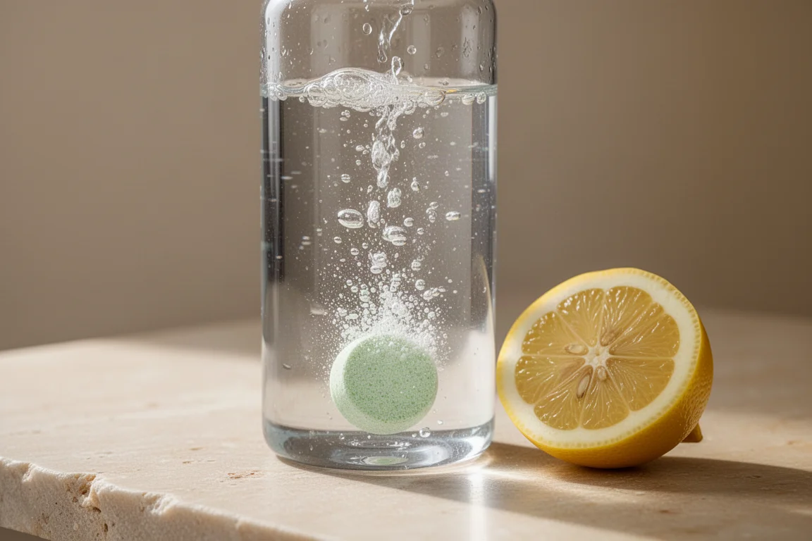 Electrolyte tablet dissolving in a water bottle with citrus slice