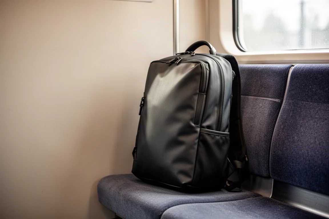 Sleek dark commuter backpack resting on a train seat