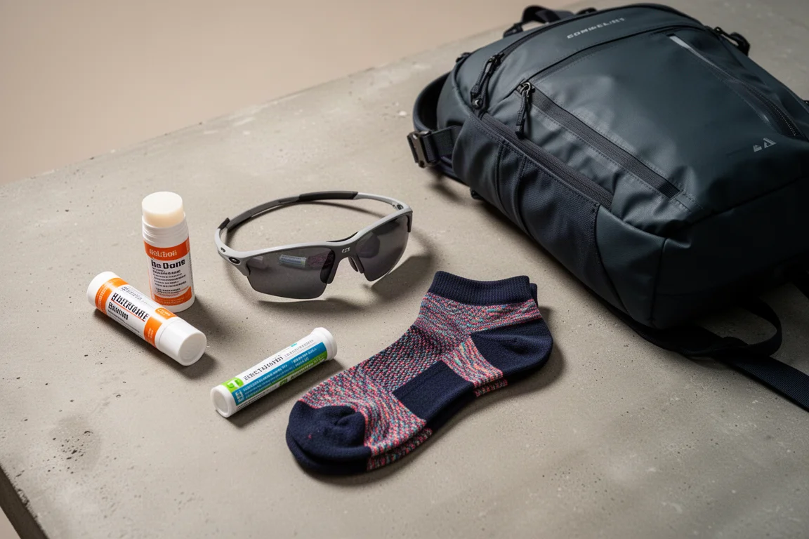 Flat-lay of running gear including sunglasses, socks, hydration tablets and a backpack