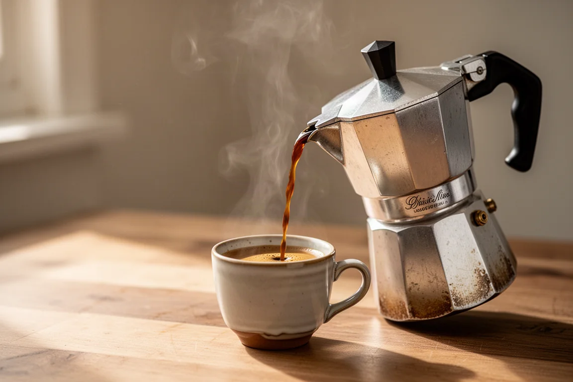 Espresso appena versato in una piccola tazza da moka