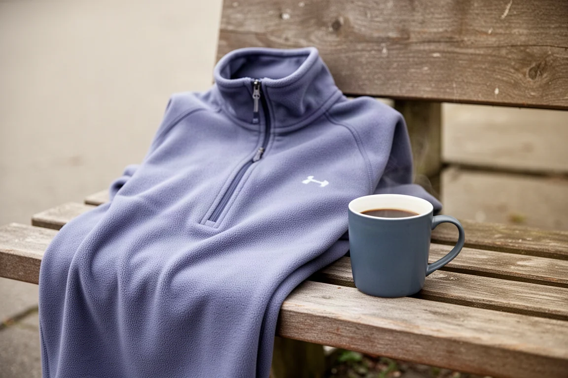 Scena accogliente dopo la corsa con un pullover in pile e un caffè