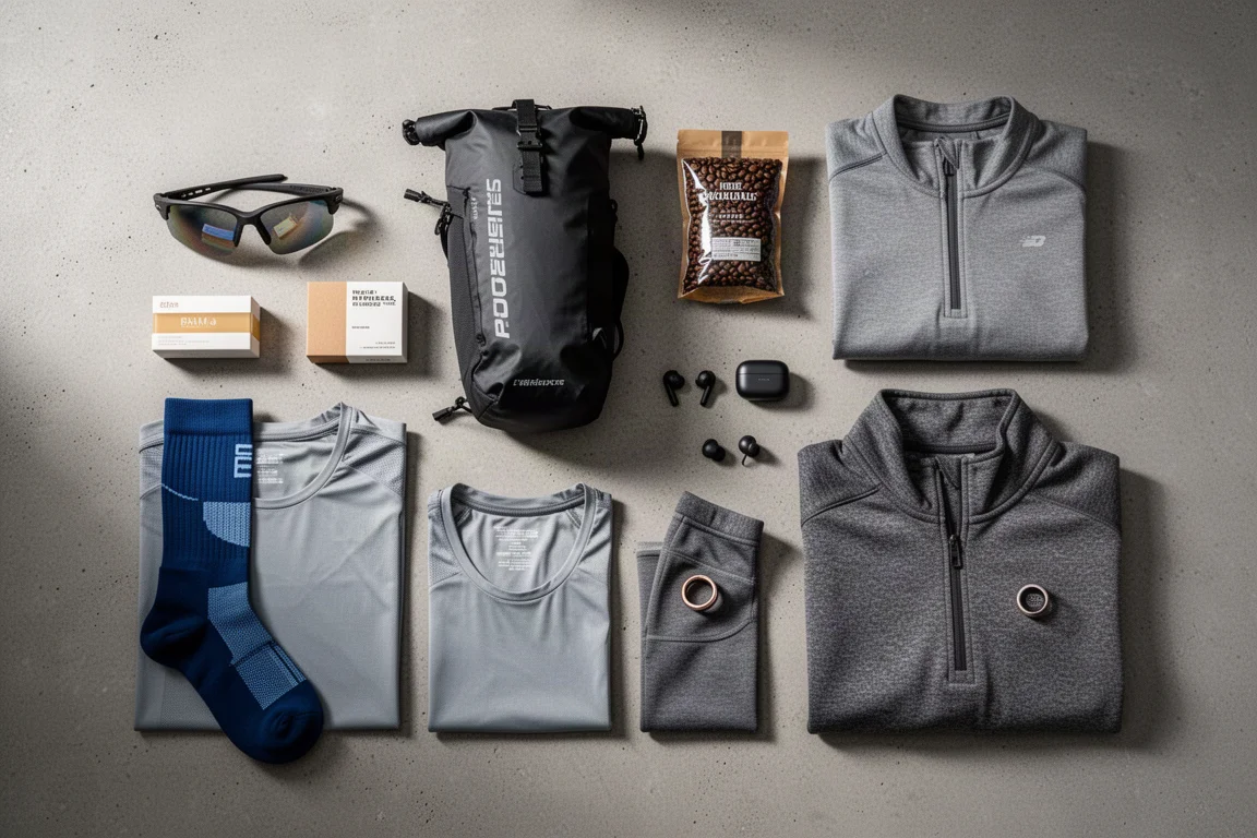 Flat-lay of running gear including sunglasses, backpack, earbuds, socks, and layers on concrete