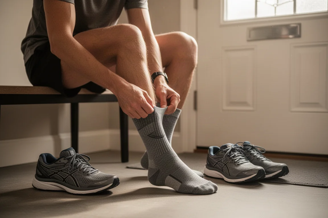 Corridore che si sistema le calze vicino alla porta prima di una corsa mattutina