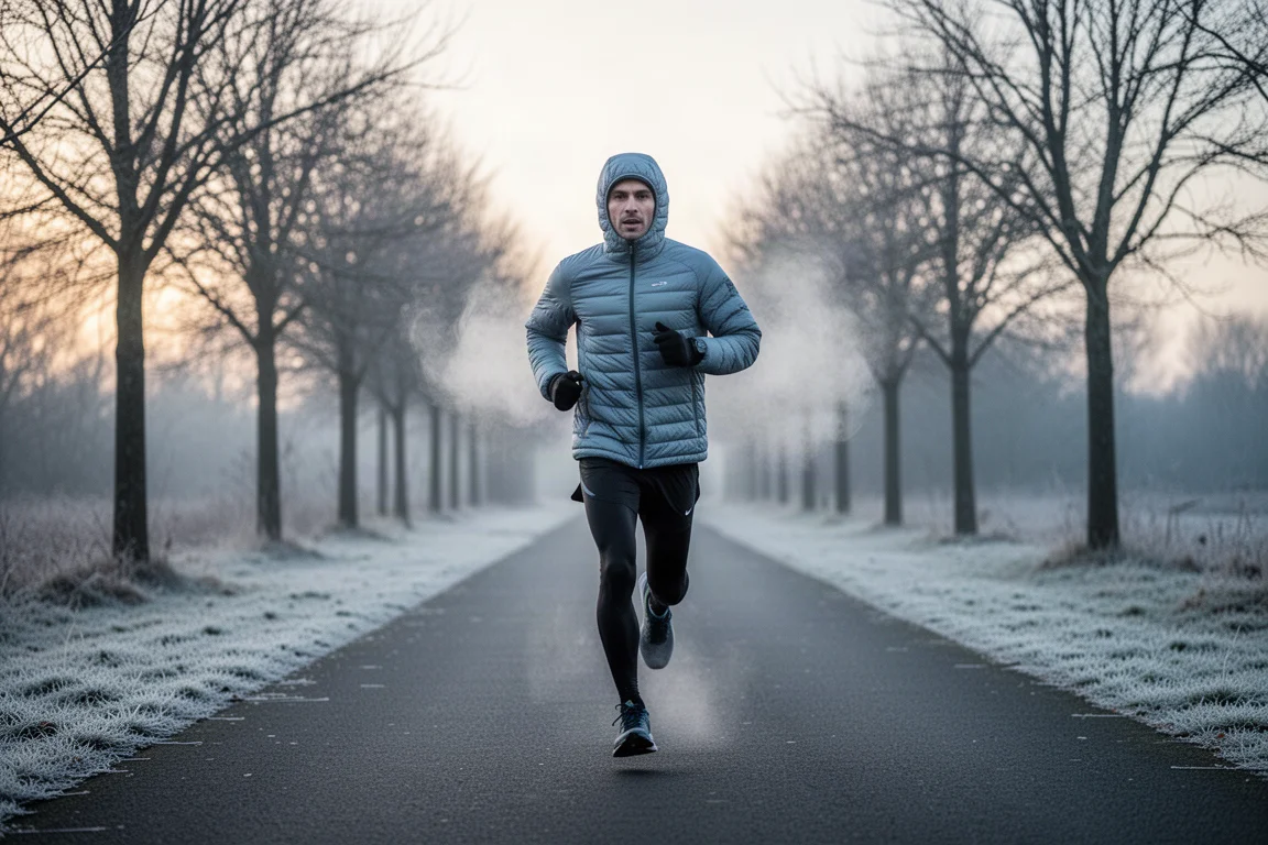 Corridore con giacca invernale imbottita su un sentiero ghiacciato