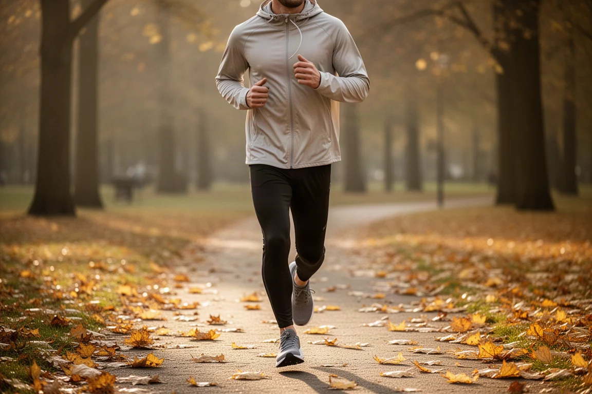 Corridore con felpa leggera su un sentiero coperto di foglie nella luce autunnale