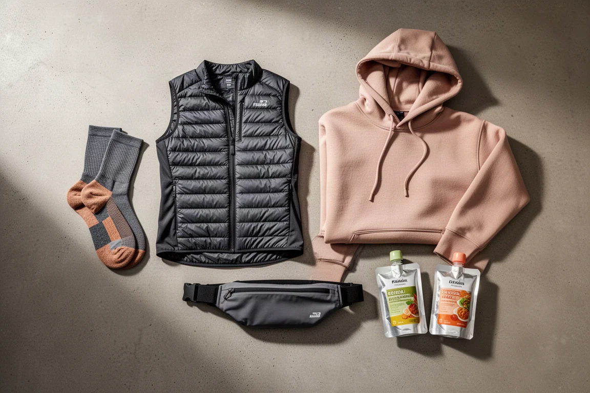 Flat-lay of running gear including socks, a vest, a hoodie, a belt, and fuel pouches on concrete