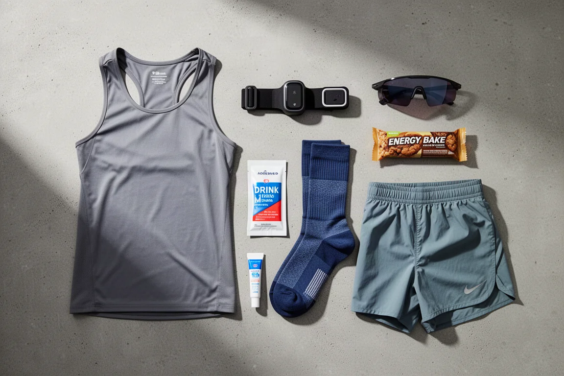 Flat-lay of running gear including vest, heart rate monitors, sunglasses, socks and shorts