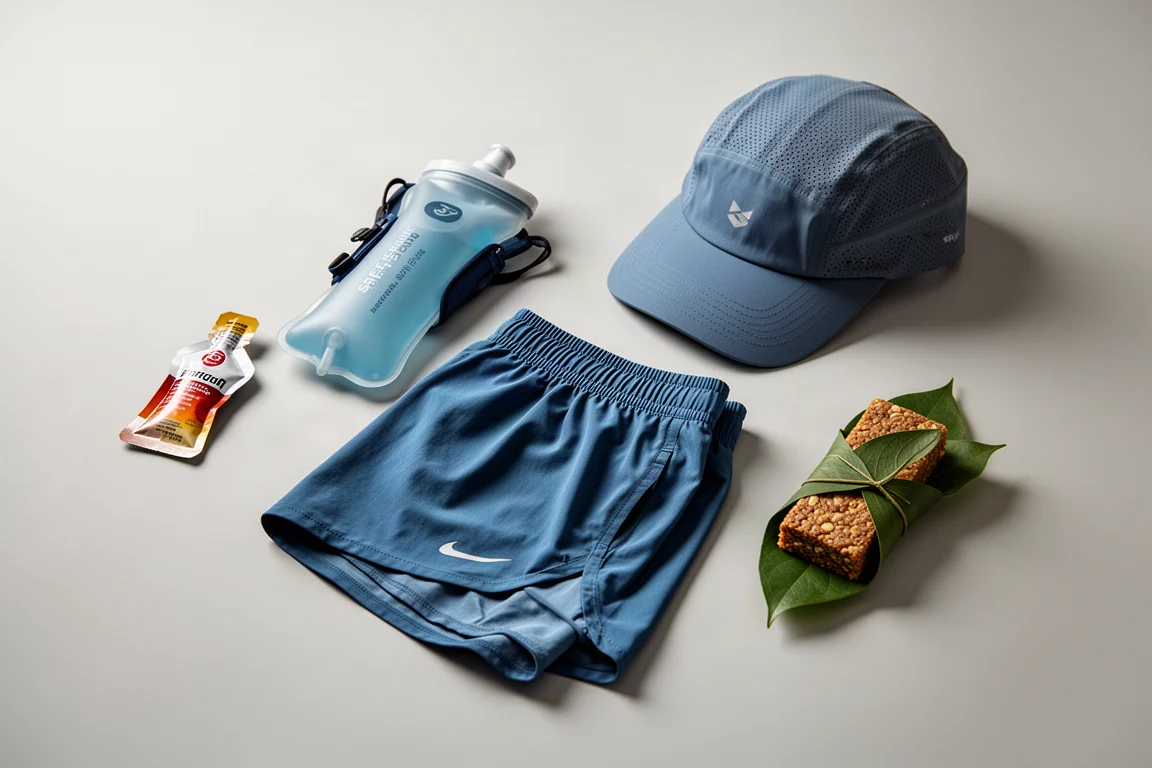 Flat-lay of running gear including gel, cap, shorts, and energy bar