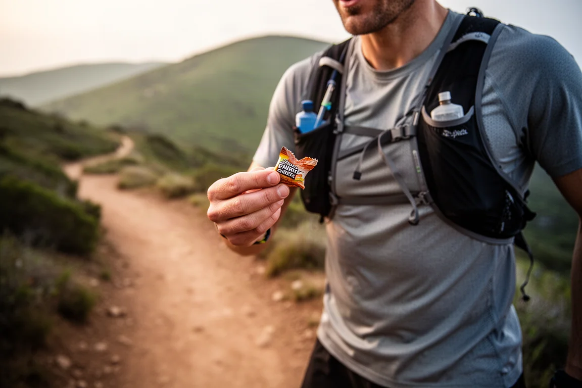Läuferin oder Läufer macht während des Laufs auf einem Trail eine Fueling-Pause mit einem kleinen Chew-Riegel in der Hand