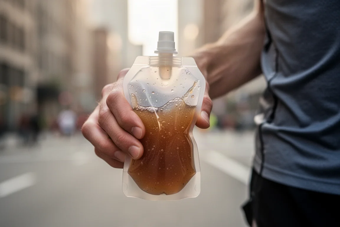 Nahaufnahme eines Läufers, der während eines Straßenlaufs aus einer Soft Flask trinkt
