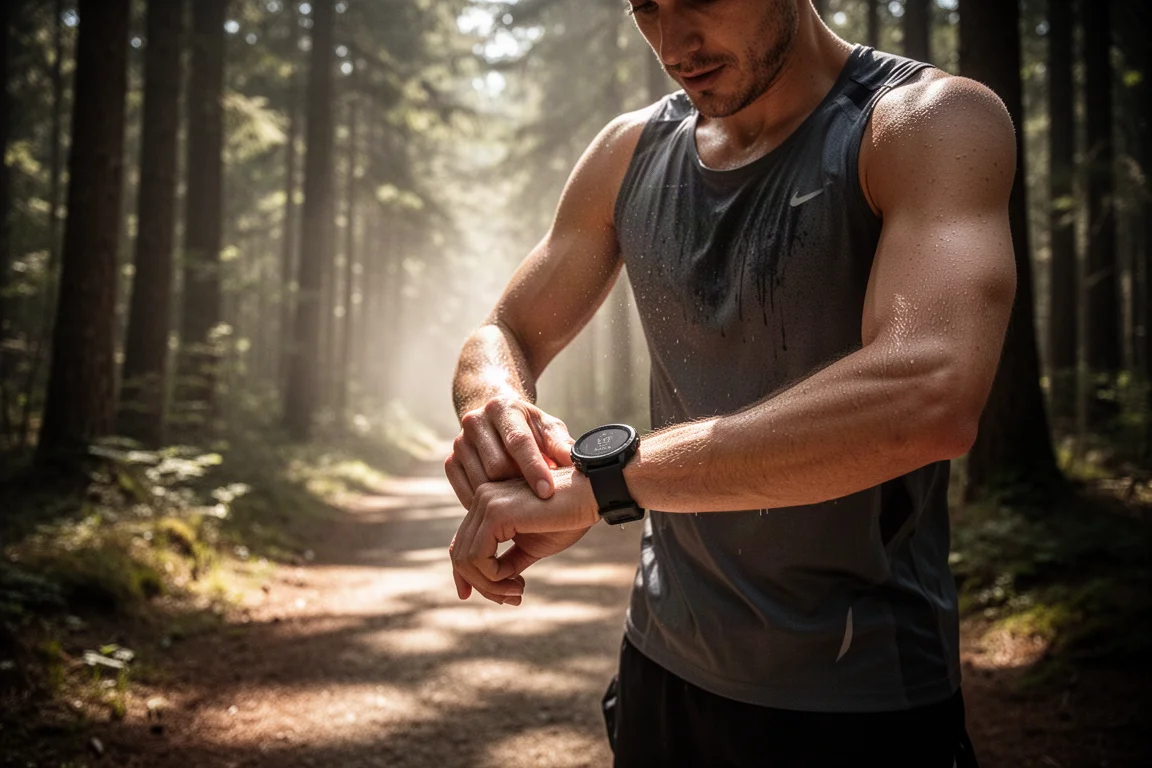 Läufer prüft bei einem heißen Sommerlauf die Uhr mit Temperaturdaten