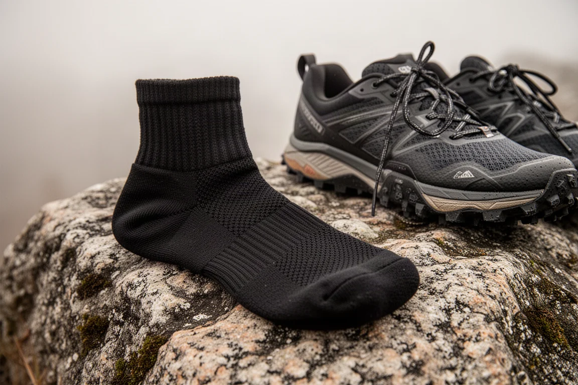 Nahaufnahme eines gepolsterten schwarzen Trailrunning-Socken auf steinigem Boden neben Trail-Schuhen