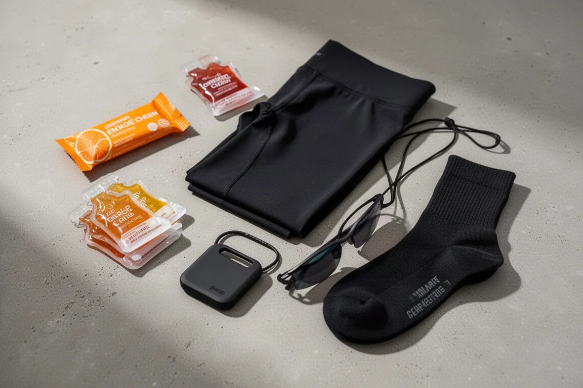 Flach liegende Running-Ausrüstung mit Chews, Half Tights, Sonnenbrille und Socken auf Beton