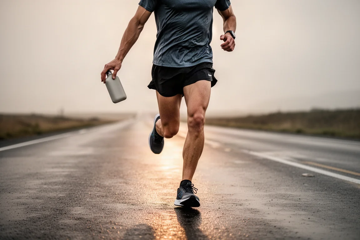 Runner drinking from a sports bottle during a long road run at dawn