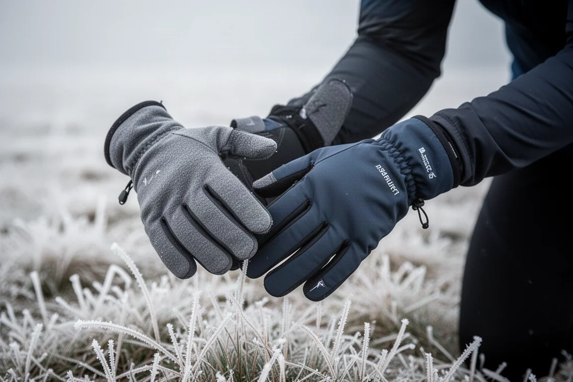Close-up of gloved hands adjusting a windproof mitten layer in cold weather