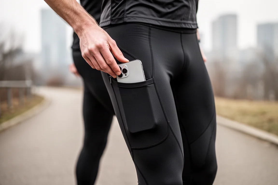 Running leggings pocket detail with phone stored on the side of the leg