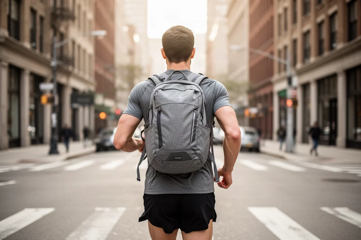 Runner commuting with a grey running backpack through a city street
