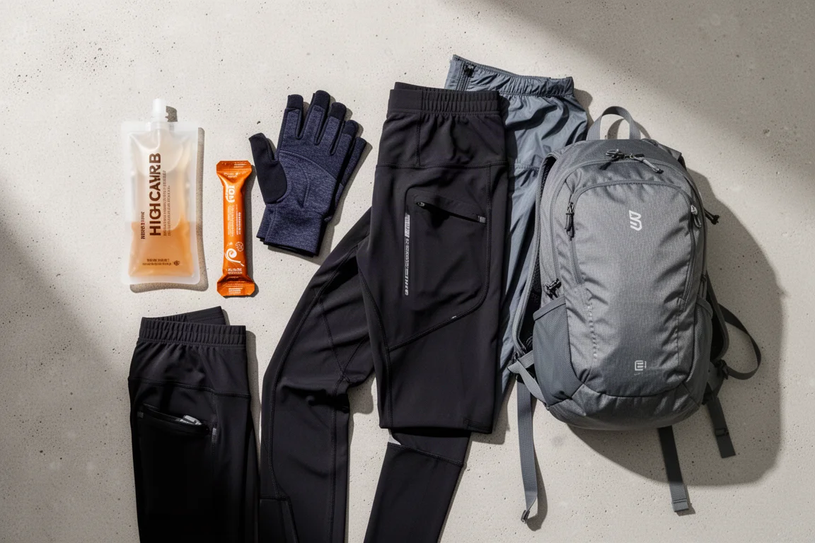 Flat-lay of running fueling products, gloves, leggings, a jacket and a running backpack on concrete