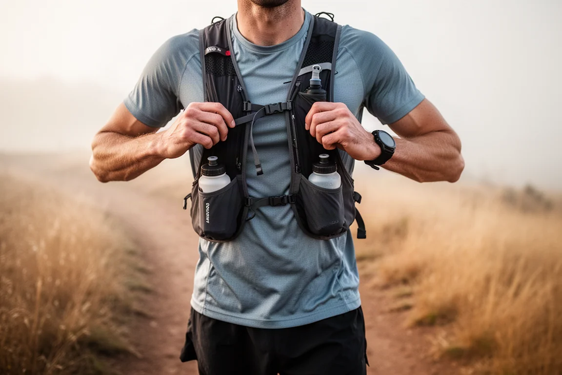 Runner fitting a lightweight race vest with soft flasks on a trail