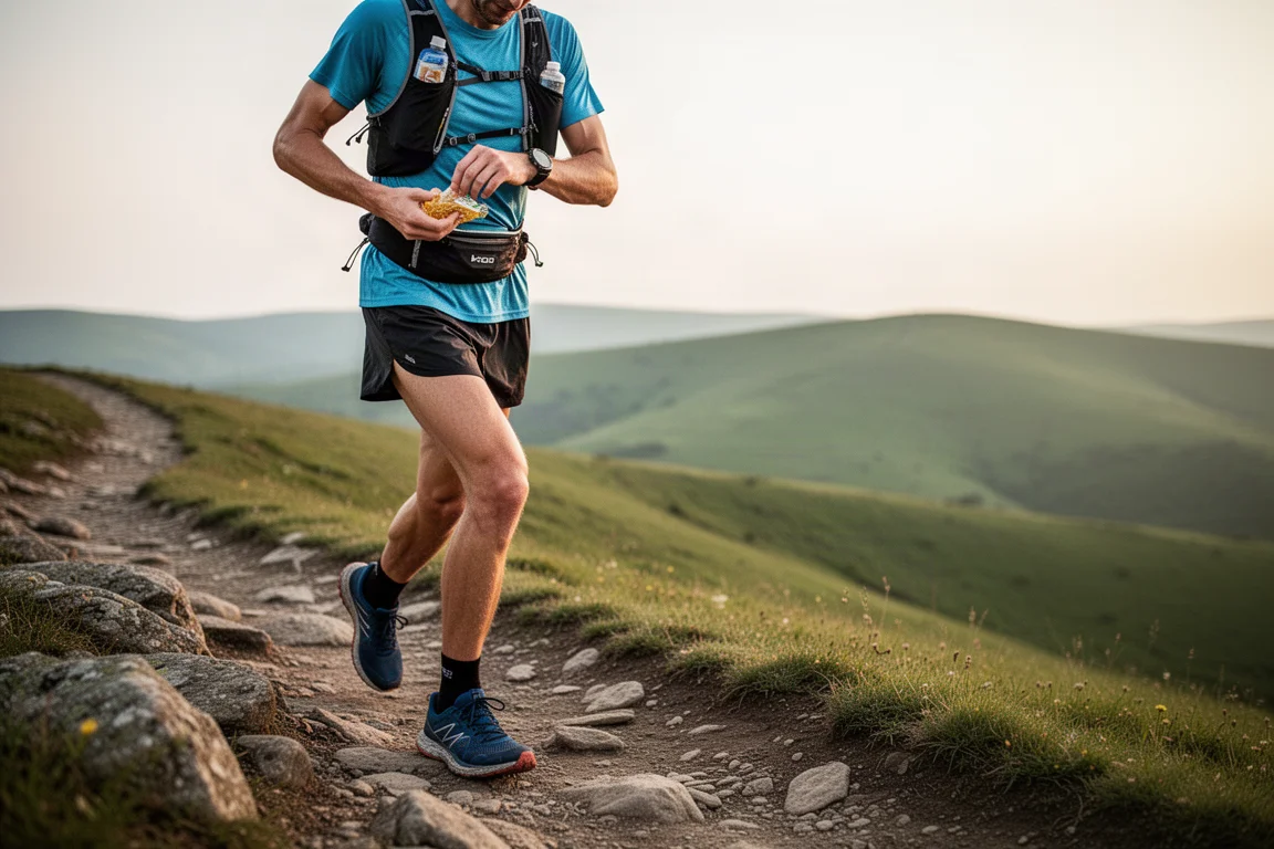 Trail runner pausing for a snack during a long run