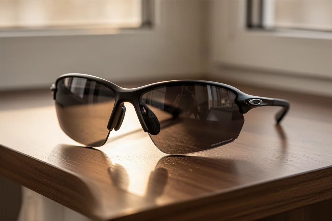 Close-up of running sunglasses resting on a wooden surface in warm light