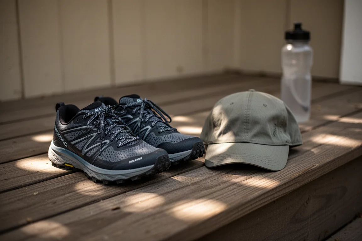 Laced trail shoes and running cap on a porch after a hot summer run
