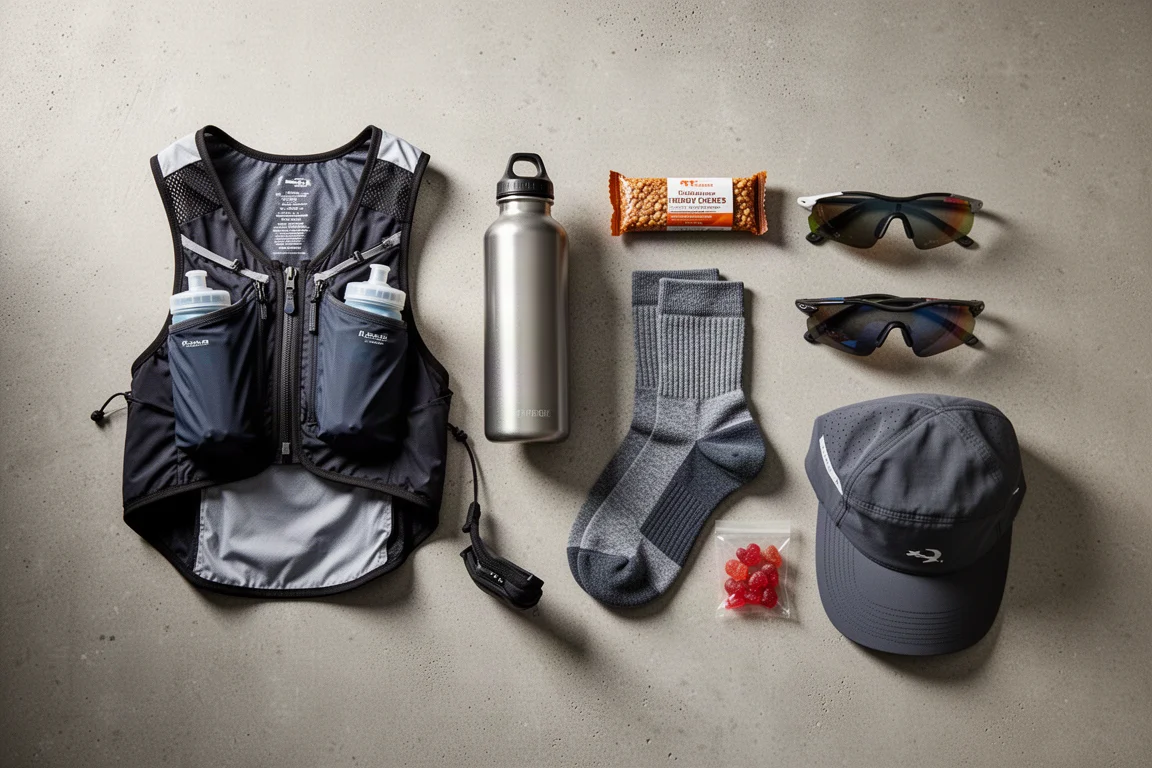Composizione flat-lay di sette articoli da running tra cui un race vest, una borraccia, calze, occhiali da sole e un cappellino su cemento
