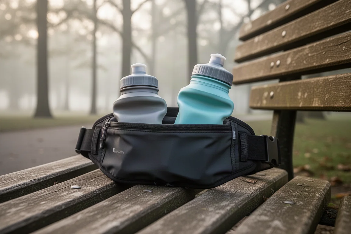 Ein Läufer füllt eine Soft Flask aus einer Wasserflasche neben einem Laufgürtel auf einer Parkbank