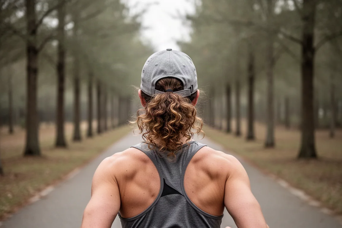 Läuferin mit Locken-Pferdeschwanz trägt eine Cap mit Satinfutter bei einem sanften, bedeckten Morgenlauf