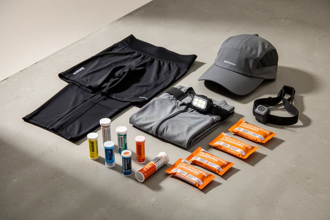 Flat-lay of eight running gear items including compression boots, heart rate strap, flask, cap, t-shirt, sunglasses and socks