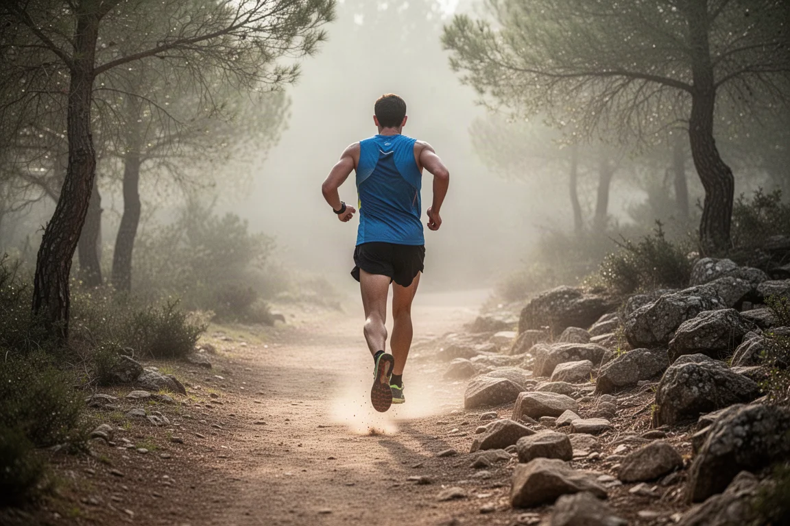 Trail runner moving across mixed rocky and smooth trail terrain in soft light