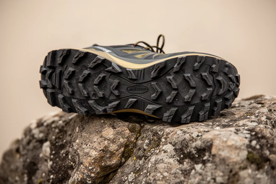 Close-up of a trail shoe outsole showing deep multidirectional lugs