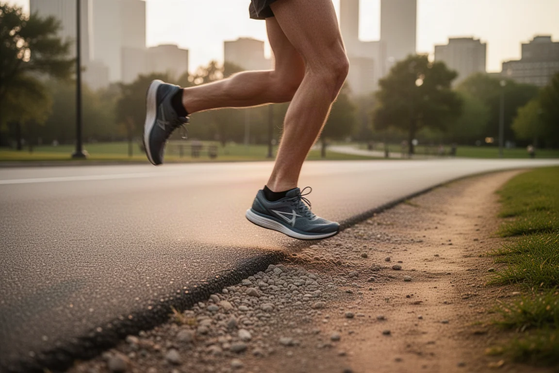 Runner transitioning from an urban road onto a gravel trail at the edge of a city