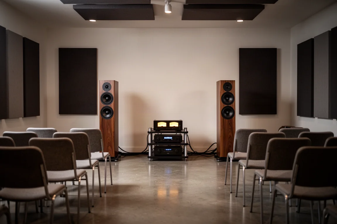 Filas de sillas vacías frente a altavoces de torre en una sala de escucha de una feria de hi-fi