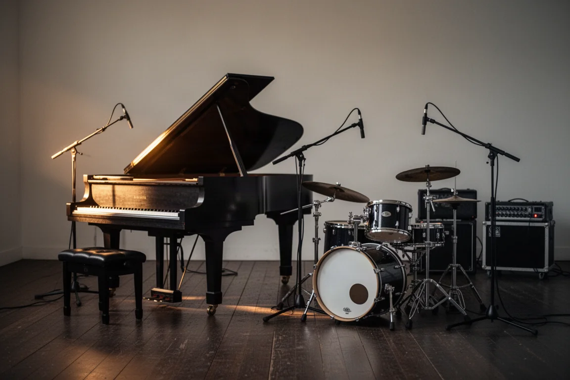 Piano de cola y batería en un espacio de estudio con iluminación suave