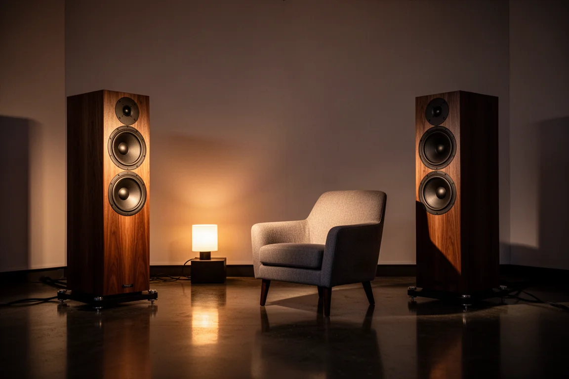 Sala de escucha tenue de noche con dos altavoces altos iluminados por luz cálida