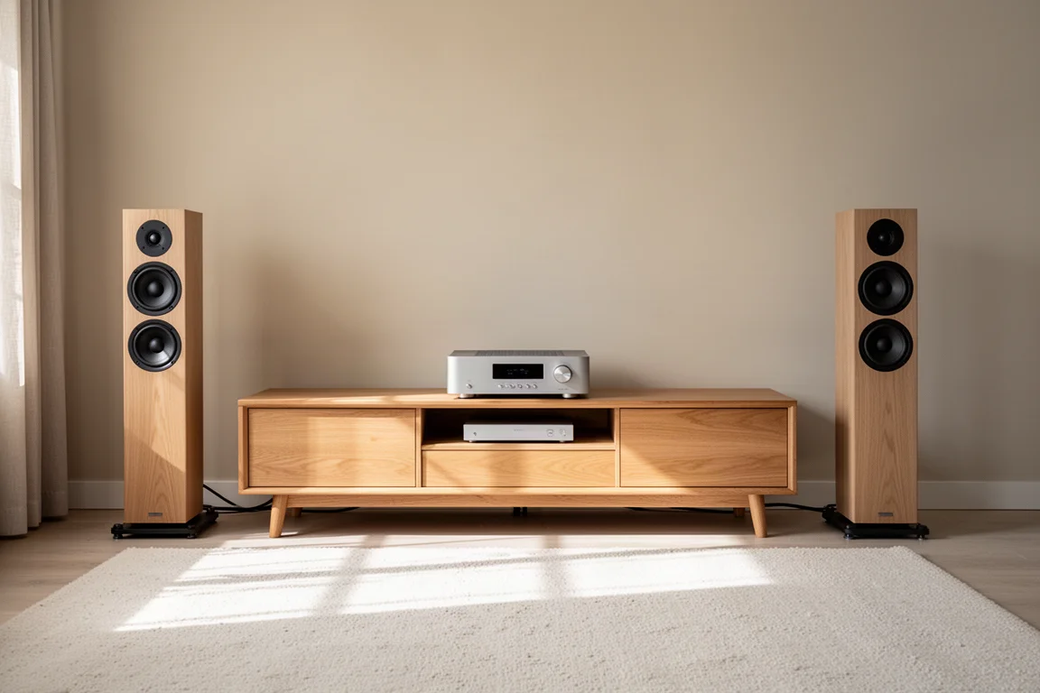 Sala de estar con altavoces de torre esbeltos junto a un mueble bajo de madera
