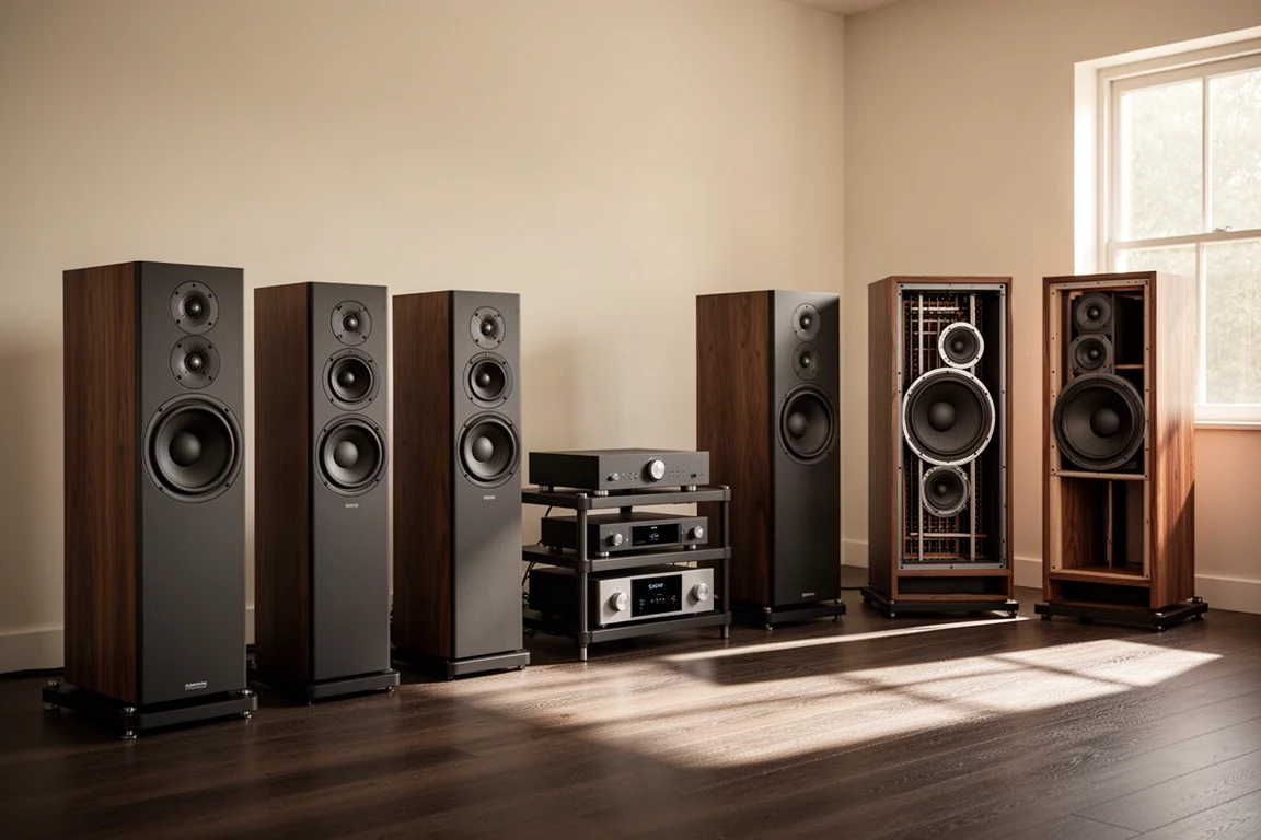 Several pairs of floorstanding hi-fi loudspeakers arranged in a warm listening room