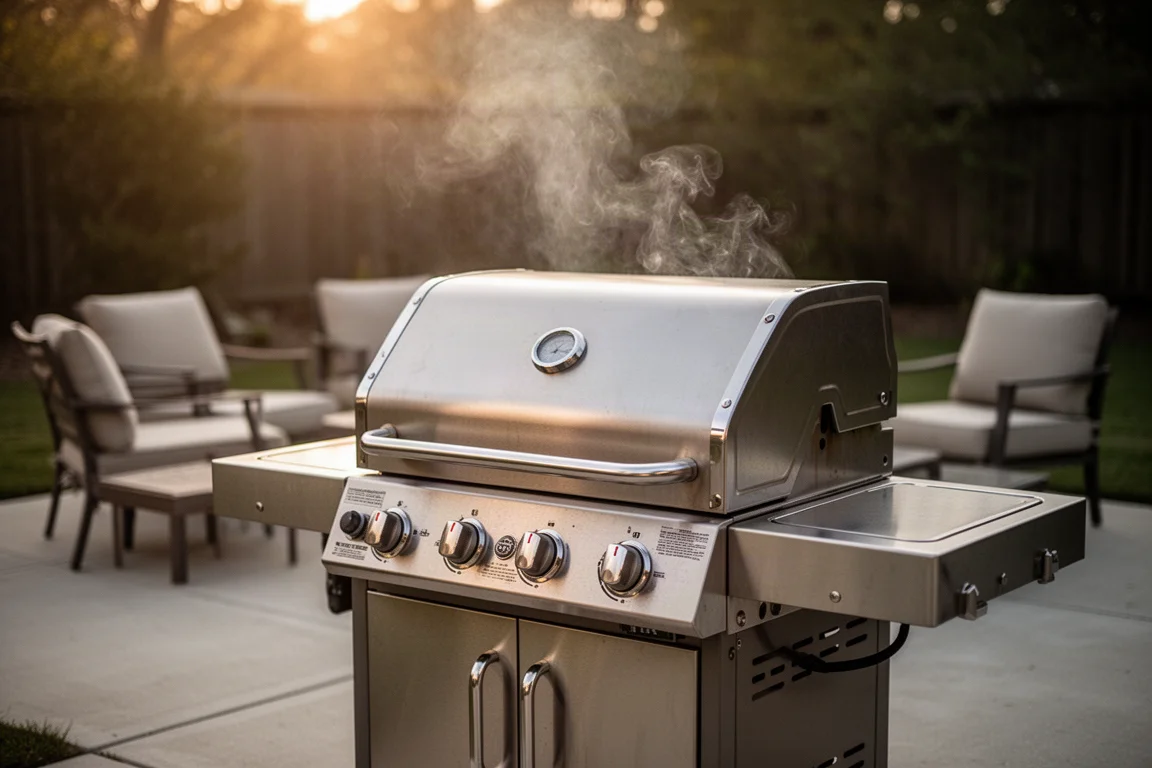 Scène de barbecue sur une terrasse avec couvercle fermé et fumée s'élevant du gril