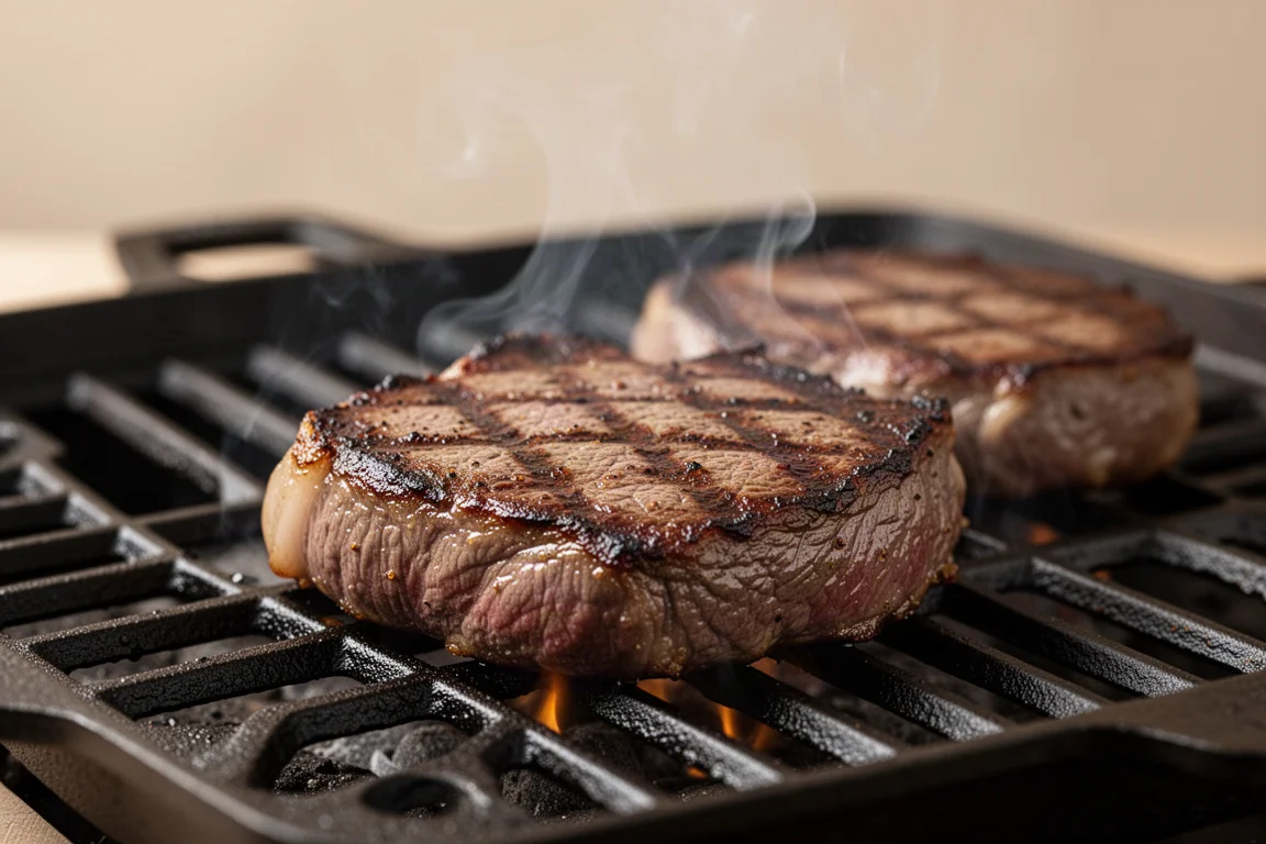 Steaks saisis sur des grilles en fonte brûlantes avec de belles marques de grillades