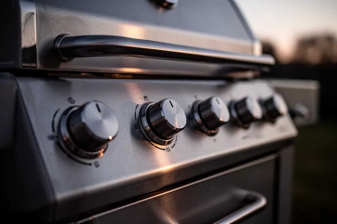Panneau de commande du barbecue avec boutons illuminés photographié au crépuscule