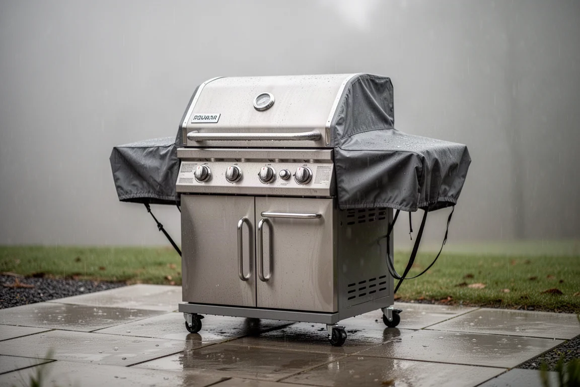 Barbecue à gaz protégé par une housse sur une terrasse sous la pluie