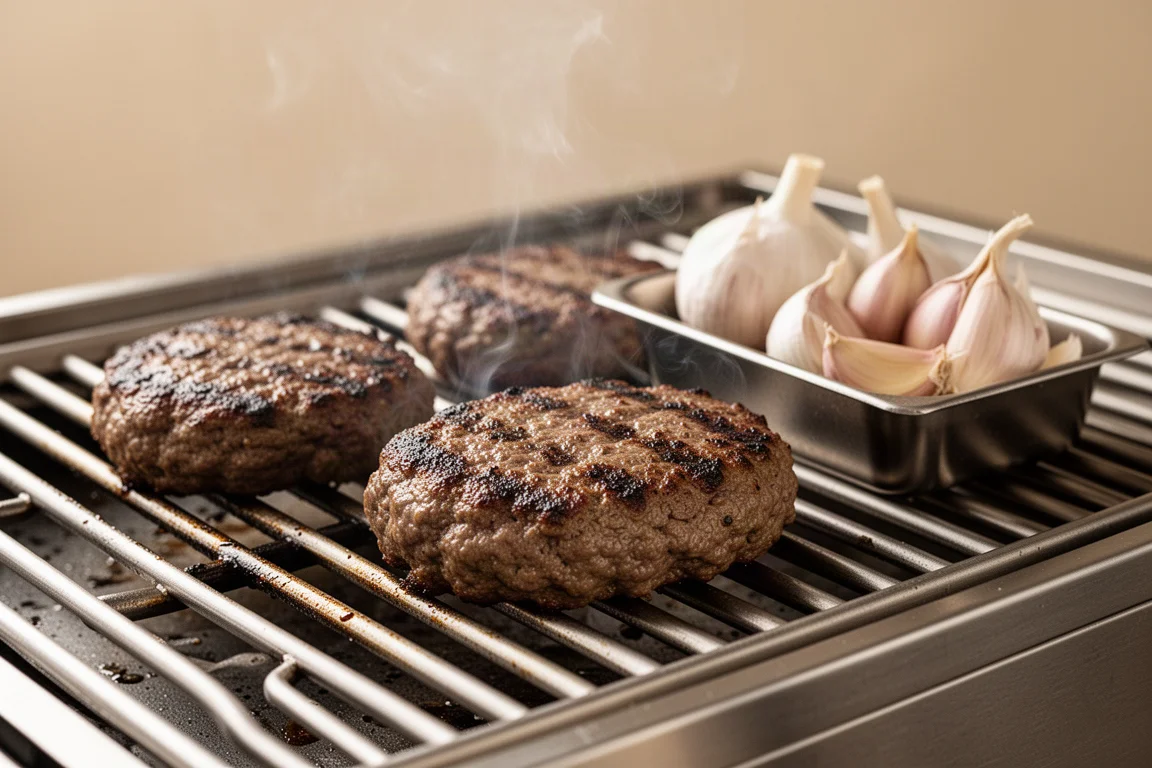Burgerpatties und Knoblauchzehen garen auf dem Grillrost mit leichtem Rauch