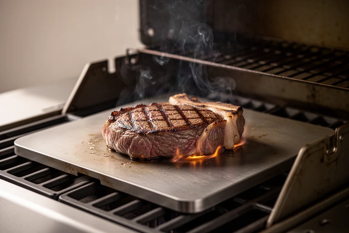Ein Steak braten auf einer flachen Metall-Sear-Platte mit starker Hitze an der Grillseite