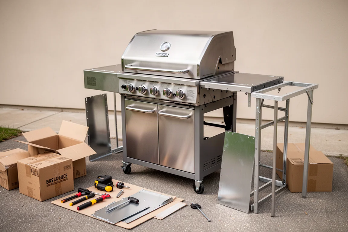Zwei Personen bauen einen großen Gasgrill aus Edelstahl auf einer Einfahrt zusammen, Werkzeuge ausgelegt