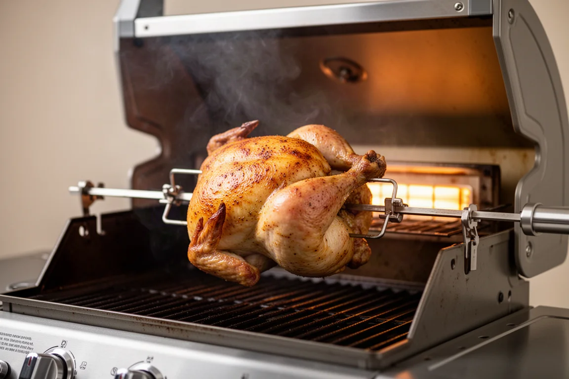 Hel kyckling som grillas på rotisseriespett inne i en gasgrill