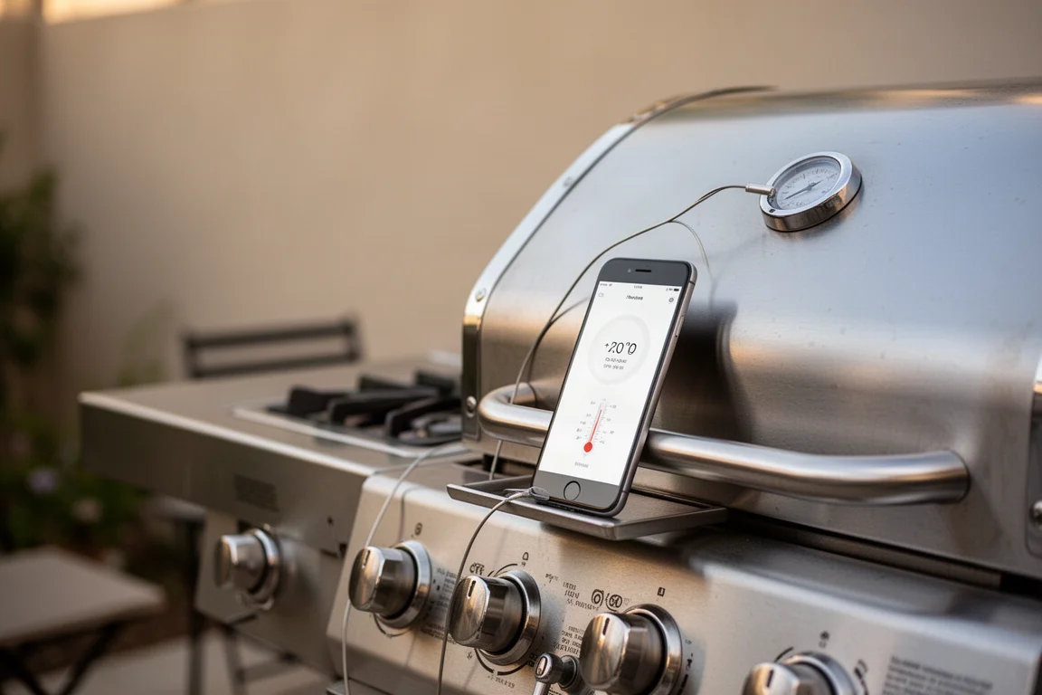 Smarttelefon som ligger nära en grill och visar en app för temperaturövervakning